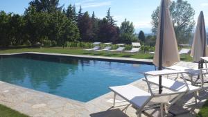 a swimming pool with lounge chairs and umbrellas at Cà San Ponzio country house & SPA in Barolo