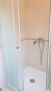 een badkamer met een douche met een glazen deur bij Apartments Toncic in Lumbarda