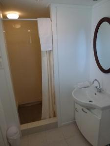 een badkamer met een douche, een wastafel en een spiegel bij B&B Blossom Cottage in Hamurana