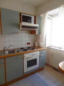 eine Küche mit Herd, Spüle und Mikrowelle in der Unterkunft Your Home In Vienna in Wien