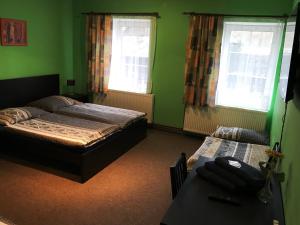 a green bedroom with a bed and two windows at Penzion Fáfa in Rozvadov