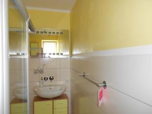 a bathroom with a sink and a mirror at Spacious Apartment with Garden near Sea in Kropelin in Kröpelin