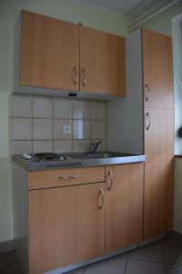 eine Küche mit Holzschränken und einem Waschbecken in der Unterkunft Apartma Podgornik in Most na Soči