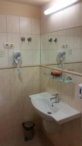 a bathroom with a sink, toilet and mirror at Hotel Estella Superior in Eger