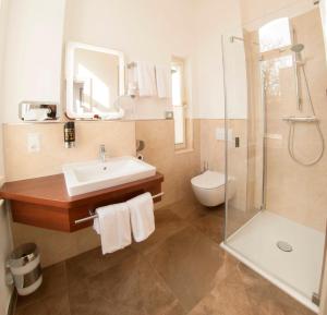 ein Badezimmer mit Waschbecken, Toilette und Dusche in der Unterkunft Pension VILLA KLEINE WARTBURG in Eisenach