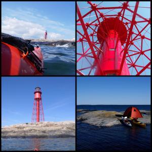 cuatro fotos diferentes de un faro y un objeto rojo en KustCamp Ekön, en Gryt