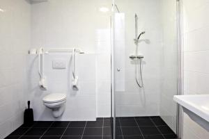 a bathroom with a shower and a toilet and a sink at Hotel en Restaurant de Stripe in Wijnjewoude