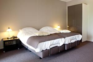 1 dormitorio con 1 cama grande, escritorio y 2 lámparas en Hotel en Restaurant de Stripe, en Wijnjewoude