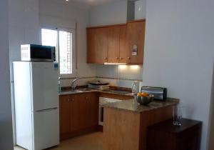 una cucina con frigorifero bianco e armadietti in legno di Casa Montemar Algorfa Spain a Castillo de Montemar