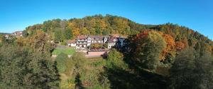 une grande maison sur une colline dans la forêt dans l'établissement Naturhotel Rügers Forstgut, à Mespelbrunn