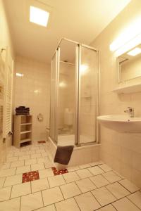 ein Bad mit einer Dusche und einem Waschbecken in der Unterkunft Landgasthof & Hotel KRONE Eischleben in Ichtershausen
