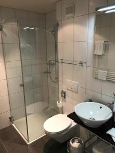 ein Bad mit einer Dusche, einem WC und einem Waschbecken in der Unterkunft Hotel Restaurant Zur alten Gasse in Bellwald