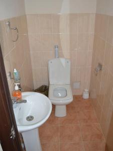 a bathroom with a white toilet and a sink at Flamingo Hotel in Karakol