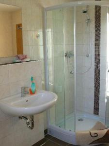 a bathroom with a sink and a glass shower at Zimmervermietung-Heide-Fiege in Hartmannsdorf