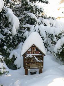 a bird house with snow on top of it at Zimmervermietung-Heide-Fiege in Hartmannsdorf