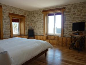 a bedroom with a bed and a tv and two windows at Petit Hôtel de Chaumont in Chaumont-de-Pury