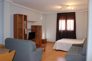 a bedroom with a bed and a couch and a bed and a tv at Apartahotel Villa de Parla in Parla