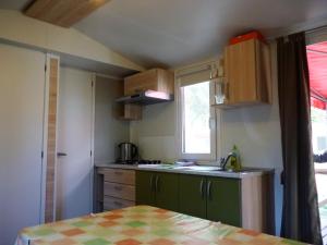 a kitchen with green cabinets and a sink and a window at Campsite Pisak - mobile homes by the sea in Seline