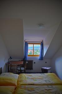 1 dormitorio con 2 camas, escritorio y ventana en Penzion Gerta, en Český Krumlov