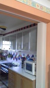 a kitchen with a stove and a microwave on a counter at Appartamento Casa dei Frati in Magliano in Toscana