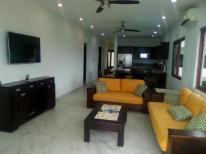 sala de estar con 2 sofás y TV en Penthouse with Roof Terrace - Costa Maya en Mahahual