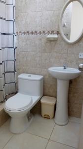W łazience znajduje się toaleta, umywalka i lustro. w obiekcie Hospedaje El Buen Samaritano w mieście Paracas