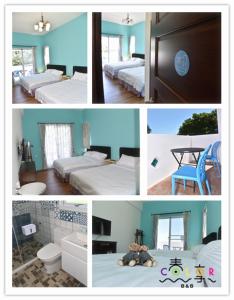 un collage de fotos de una habitación con camas y mesa en Spring Enjoy Color B&B, en Taitung