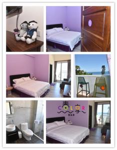 a collage of pictures of a bedroom with a teddy bear on a bed at Spring Enjoy Color B&B in Taitung City