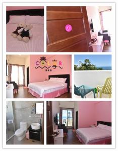 台東市的住宿－台東加路蘭春享COLOR民宿 ，卧室照片的拼贴,卧室里有一泰迪熊和一张床