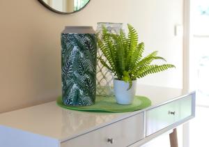 Eine Pflanze in einer Vase auf einer Kommode in der Unterkunft Emerald Cottage in Emerald
