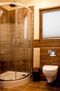 a bathroom with a glass shower and a toilet at Domki pod lasem in Nowe Bystre