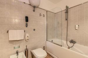 a bathroom with a toilet and a shower and a sink at Hotel Franklin Feel The Sound in Rome