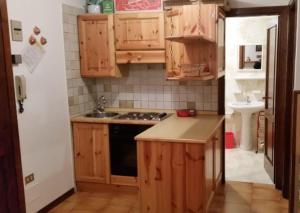 una cucina con armadi in legno e lavandino di Appartamento in residence: sulle piste da sci a Passo del Tonale