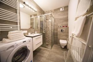a bathroom with a washing machine and a shower at Kazimierz Friendhouse Apartments in Krakow