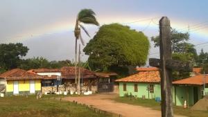 a village with a palm tree and buildings at Pousada Sempre Viva in Milho Verde