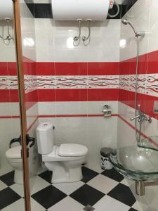 La salle de bains est pourvue de toilettes et d'un lavabo en verre. dans l'établissement Старата Тонина къща, à Dobrinichte