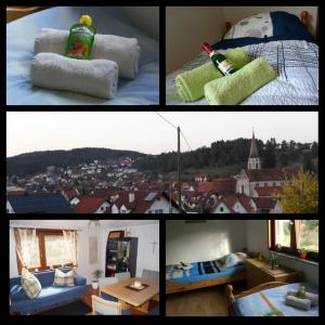 eine Collage mit Bildern eines Schlafzimmers und einer Stadt in der Unterkunft Ferienhaus Pension Fuchs in Neufra