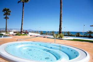 uma banheira de hidromassagem com palmeiras e o oceano em Ocean View Apartment em Arenales del Sol