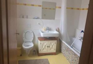 a bathroom with a toilet and a sink and a tub at Ferienhaus Mockritz in Dresden
