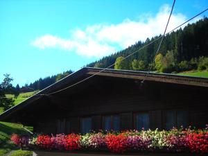 una casa con flores a un lado. en Ferienwohnung Muhlbauer, en Wald im Pinzgau