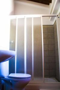 uma casa de banho com um WC e um chuveiro em Hostal Restaurante Sierra De La Martina em Charilla