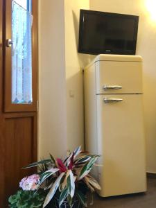 einen Kühlschrank mit einem TV darüber in der Unterkunft La casina al Bargino in Bargino