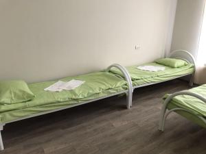 モスクワにあるRomashka Hostelの病室にはベッド2台(緑のシーツ付)が備わります。