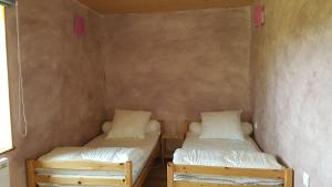 een kamer met 2 bedden in een kamer met een muur bij La fontaine in Vertamboz