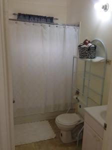 a bathroom with a shower with a toilet and a sink at Falmouth Oasis in Florence Hall +31 photos