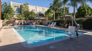 een zwembad met stoelen en parasols naast een gebouw bij Harbor Motel in Anaheim