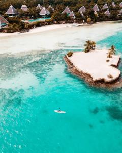 an island with a person on a surfboard in the water at Mithi Resort & Spa in Panglao