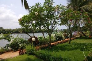 a garden with trees and flowers next to a body of water at Villa La Casita in Cavelossim +6 photos
