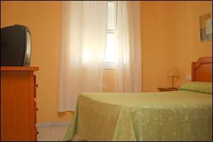 コニル・デ・ラ・フロンテーラにあるApartamento Cruzのベッドルーム(ベッド1台、テレビ、窓付)