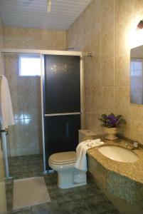 een badkamer met een toilet, een wastafel en een douche bij Hotel Manayara in Campo Largo